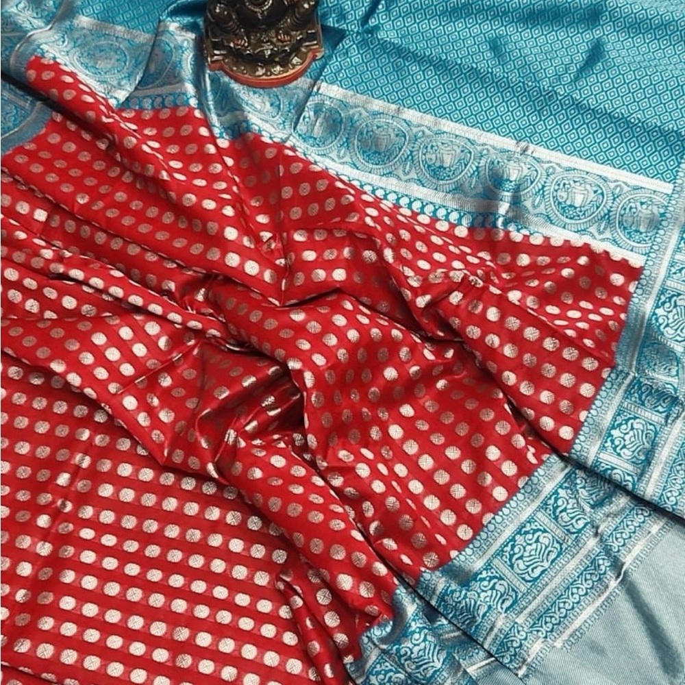 Brand new red and blue saree, fall added no blouse